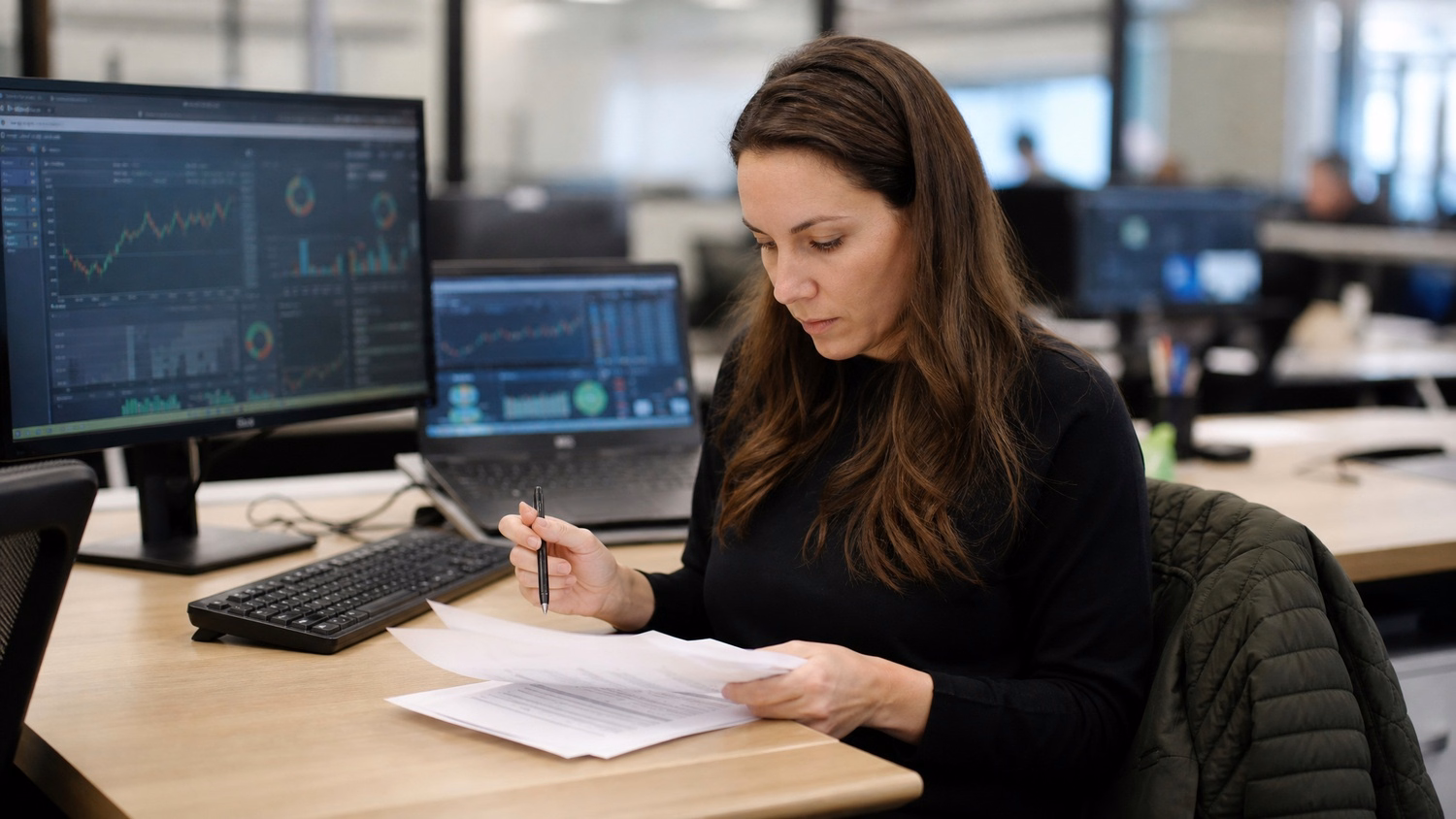 Woman reviews documents at desk, pen in hand, jacket nearby