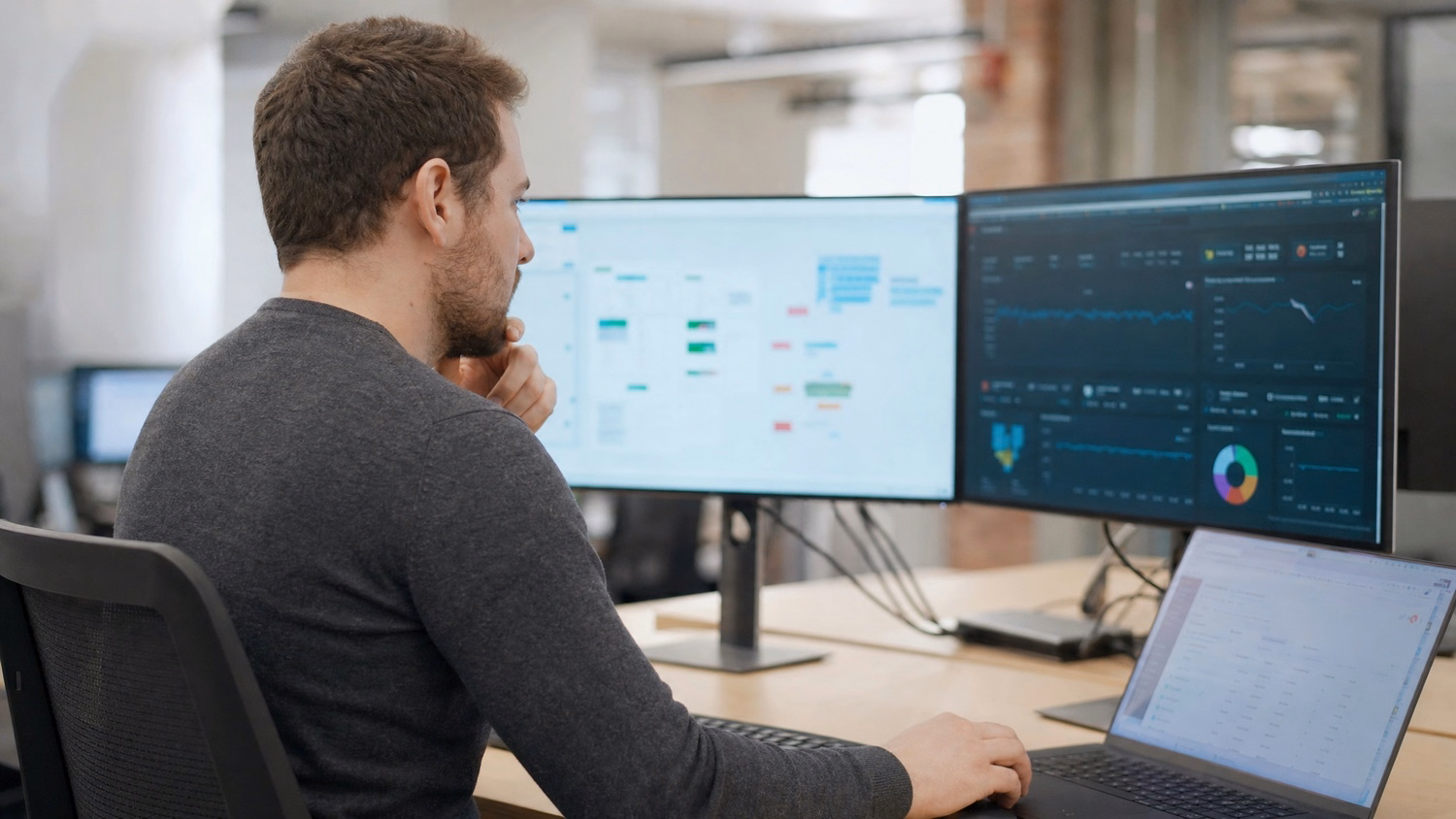 IT professional analyzes cloud storage options on computer screen