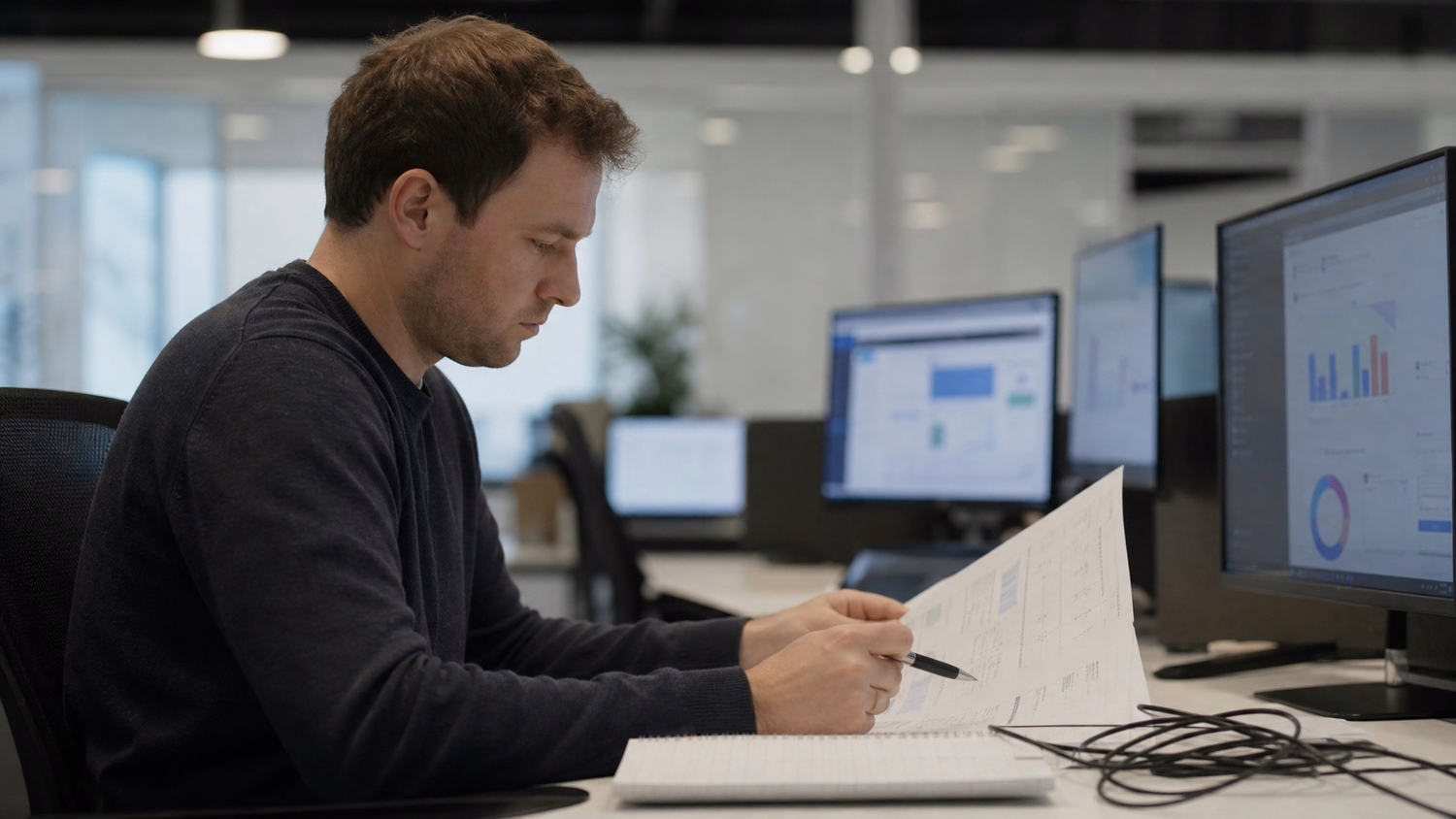 Man reads documents, pen in hand, desk cable visible 62 chars