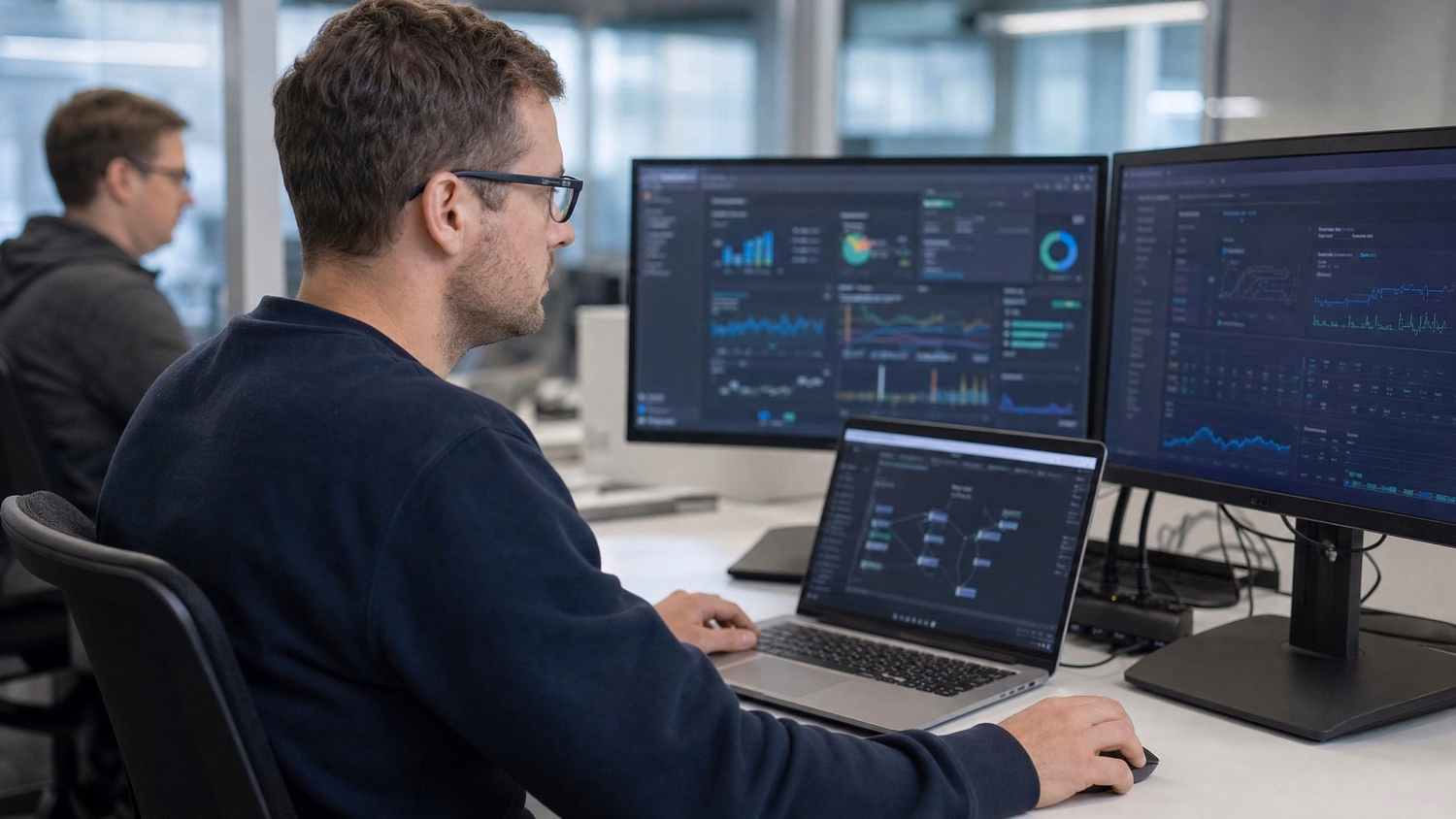 IT pro analyzes cloud migration strategy flowcharts on desk 67