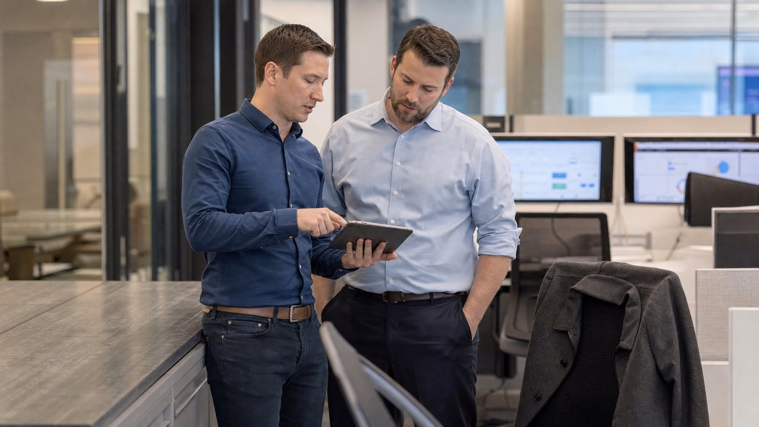 Colleagues discuss tablet, cloud strategy planning 57 chars