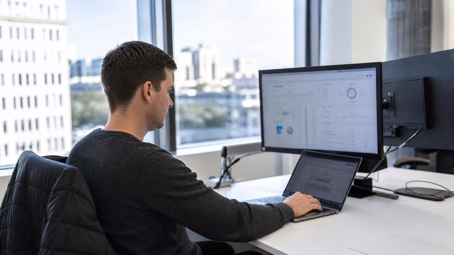 Person working at desk by window, jacket on chair