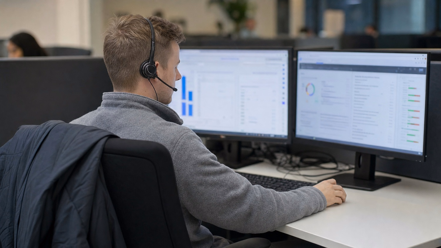 A person wearing a grey fleece jacket with a headset sits at a desk with two mon