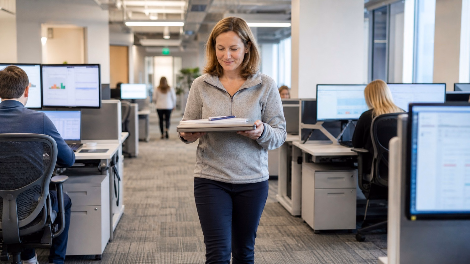 Woman walks office corridor with laptop and notebook