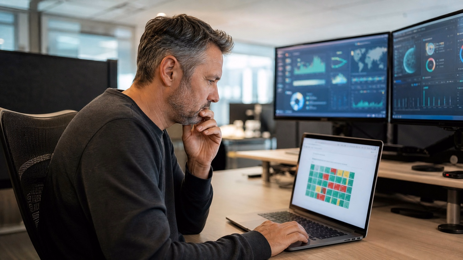 Analyst examining complex EDR threat matrix on laptop