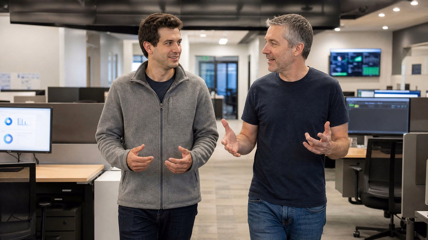 Two men in office hallway, one in fleece, discussing EDR