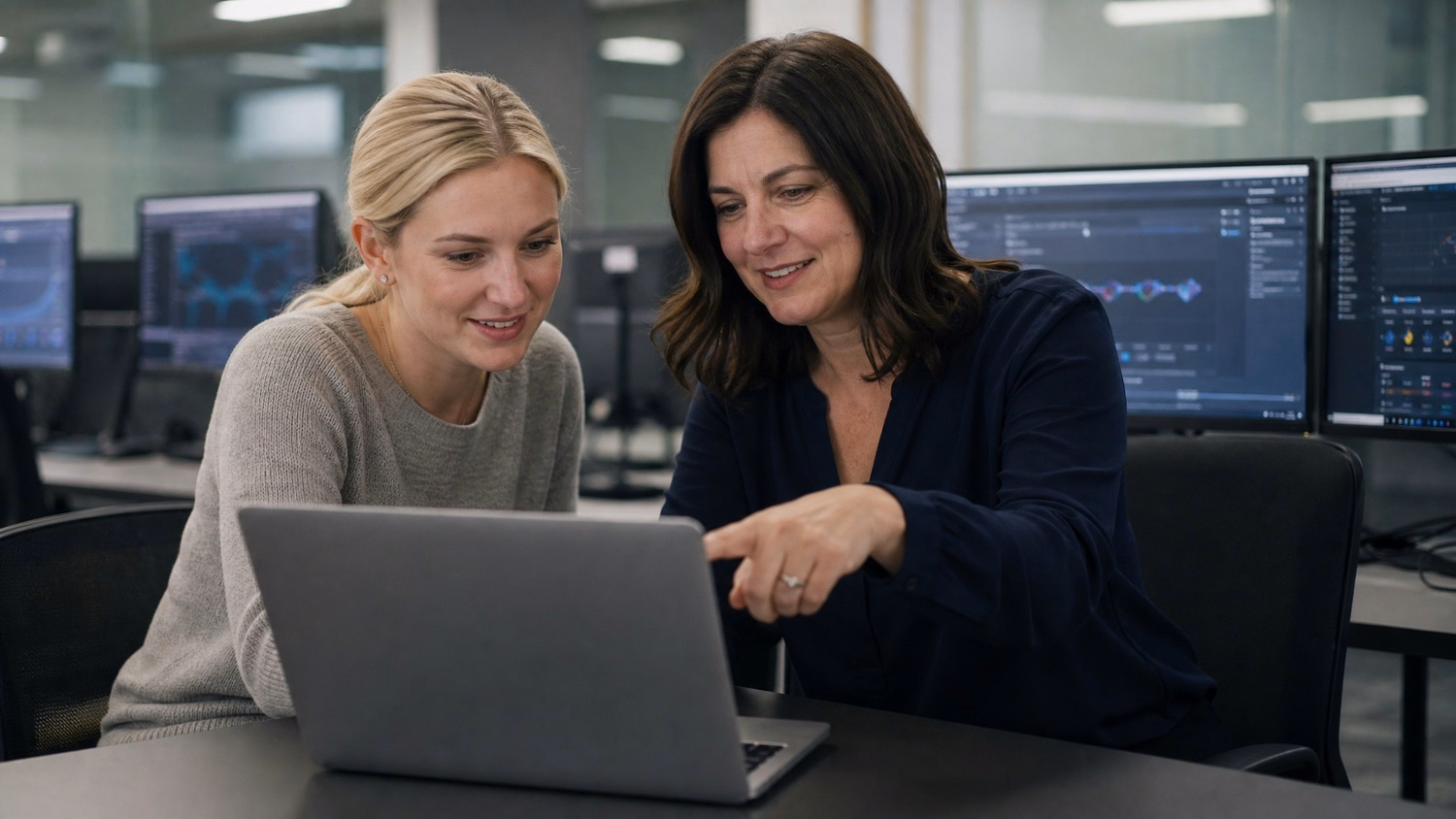 Two women review laptop security logs at table