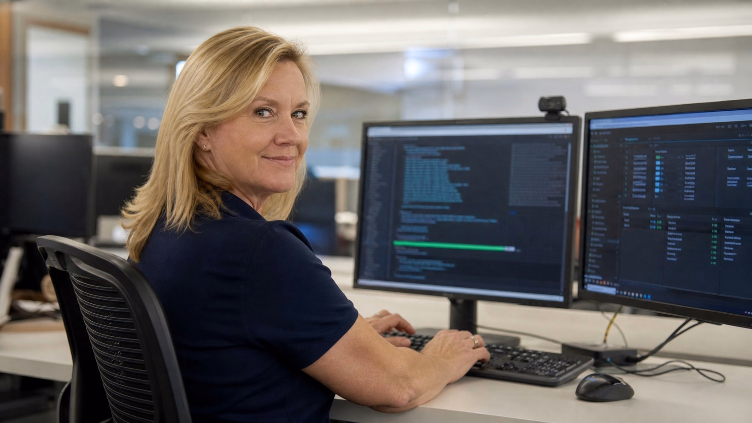 Woman typing commands into terminal, looking at monitor