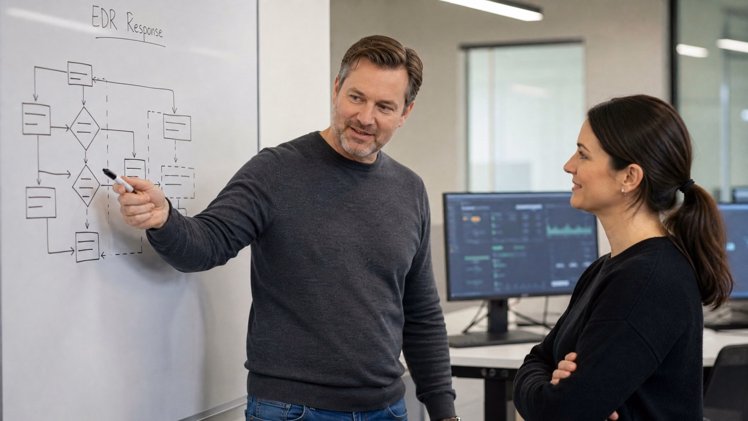 Man explains EDR response flow chart on whiteboard to woman