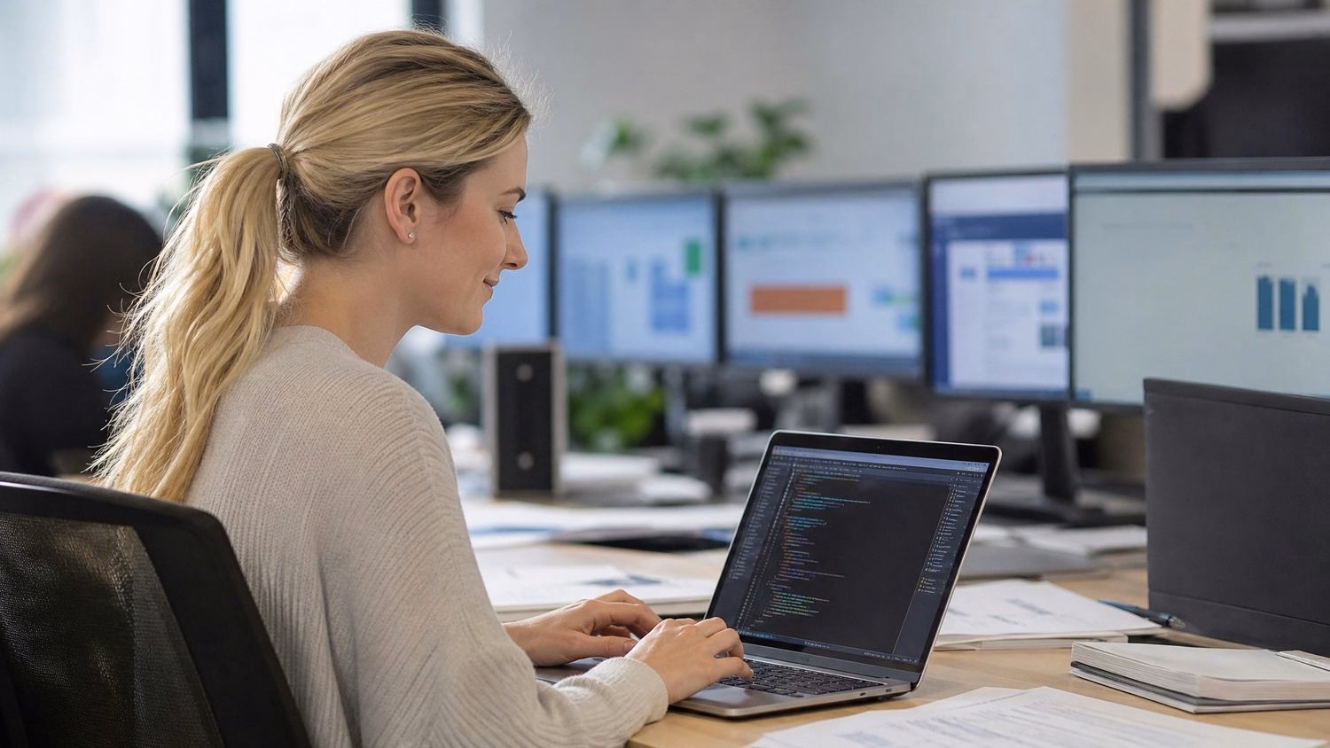 Woman coding on laptop, morning light on desk 56