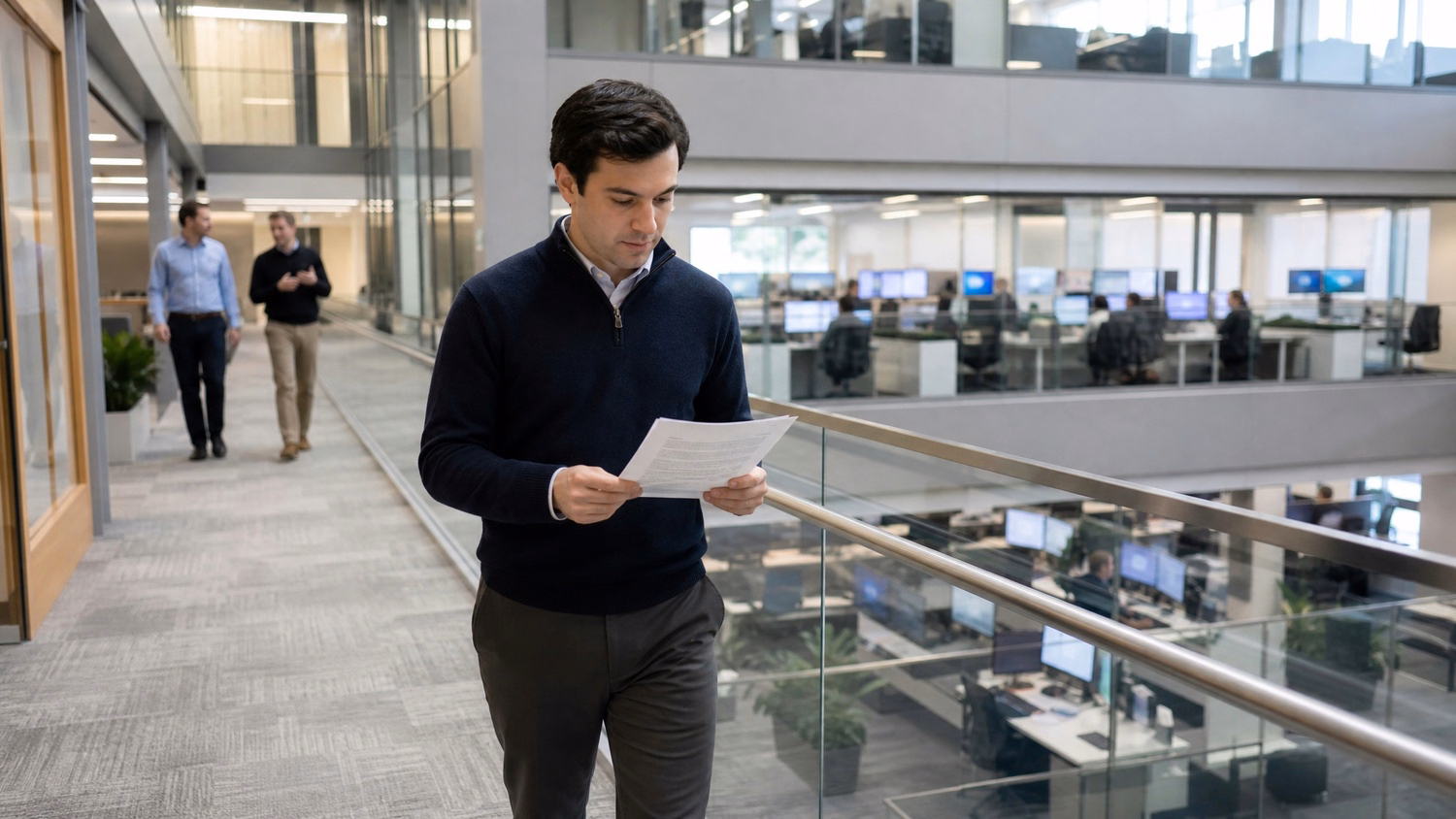 Man reading security policy on modern office walkway 61 chars