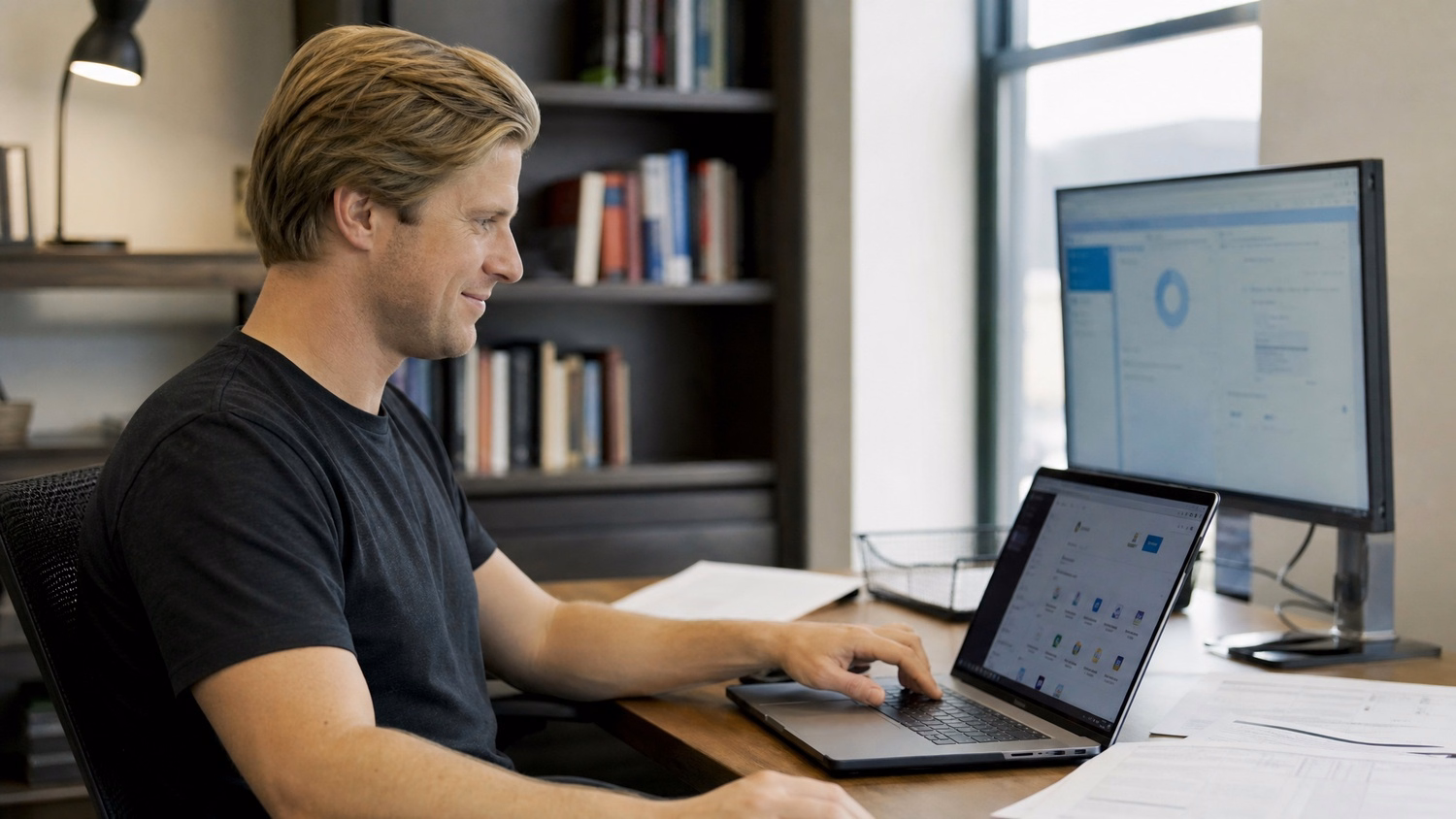 Man at desk reviews cloud storage dashboard, papers nearby