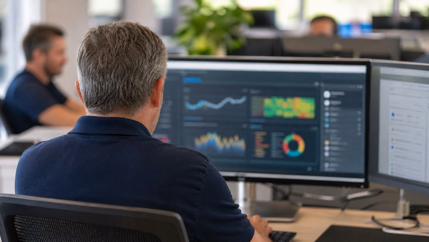 Man viewing dark BI dashboard, over-shoulder perspective 63 chars