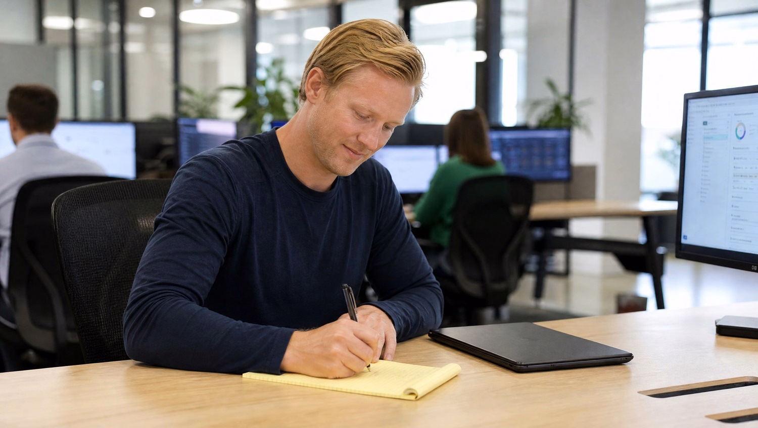 Man at desk handwriting notes, laptop nearby 51 chars
