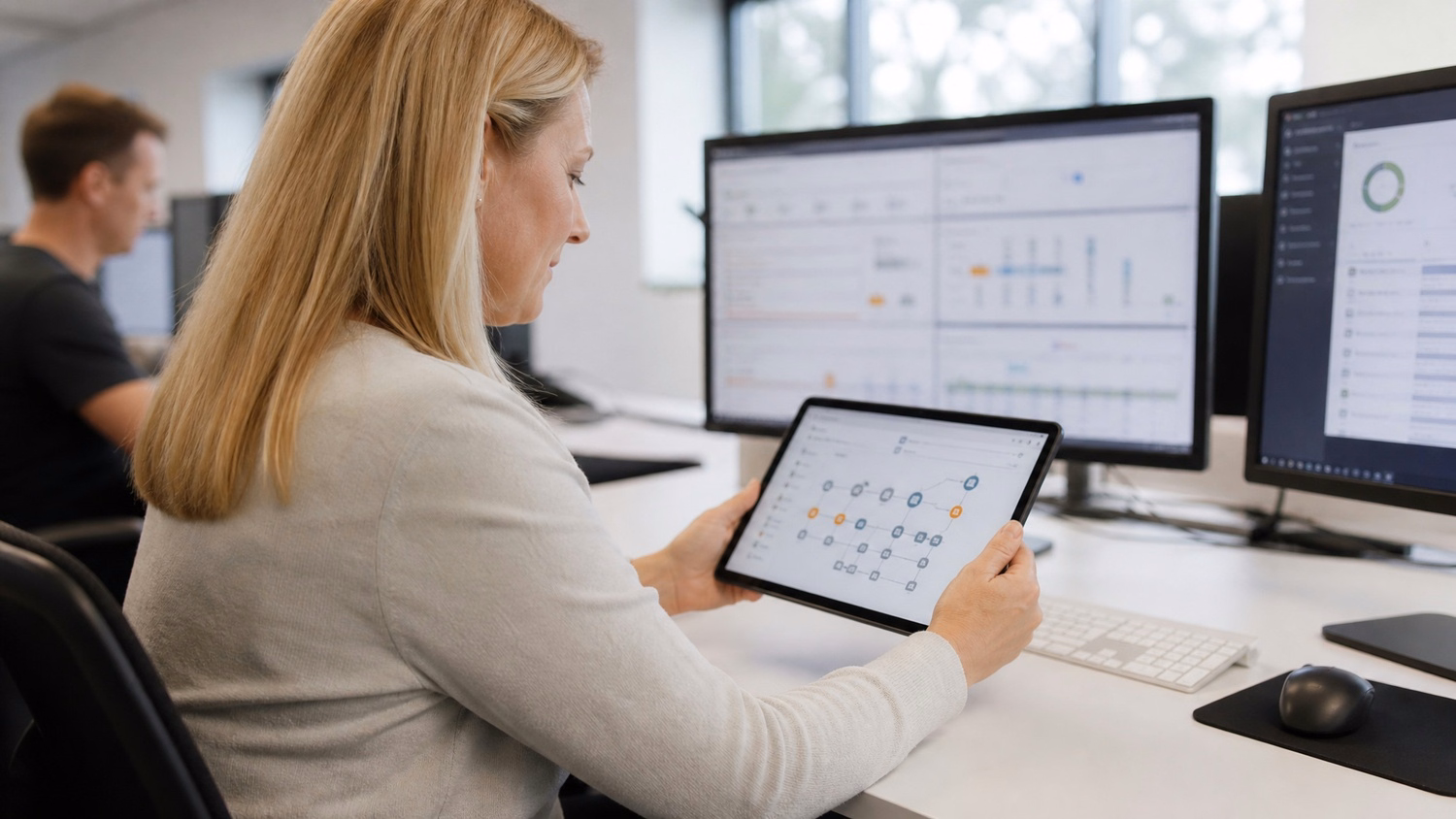 Blonde woman reviews workflow diagrams on tablet screen