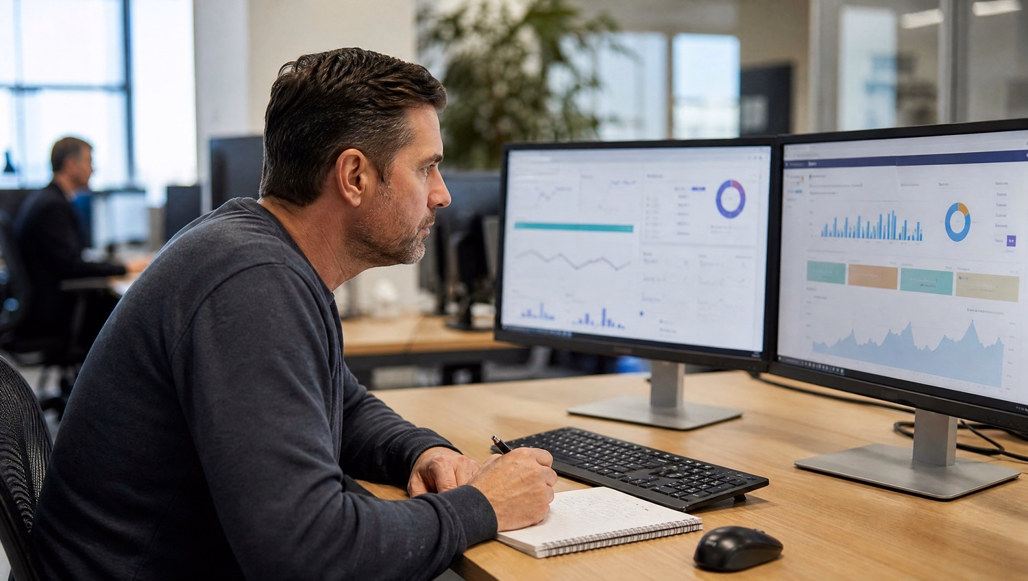Man studying dashboard, taking notes in notebook