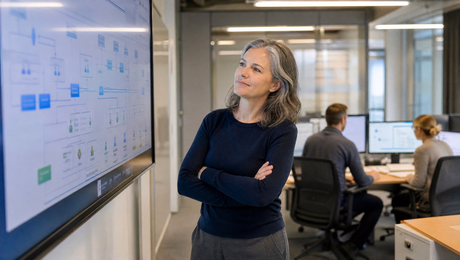 Woman studies flow chart on large wall display 47