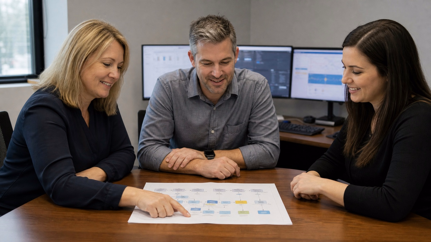 Team meeting discussing workflow automation document