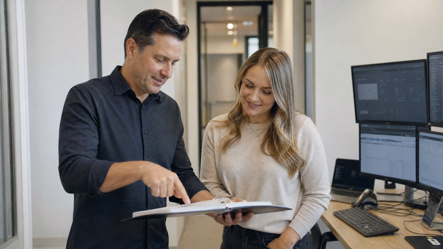 Man points at binder document for woman in hallway