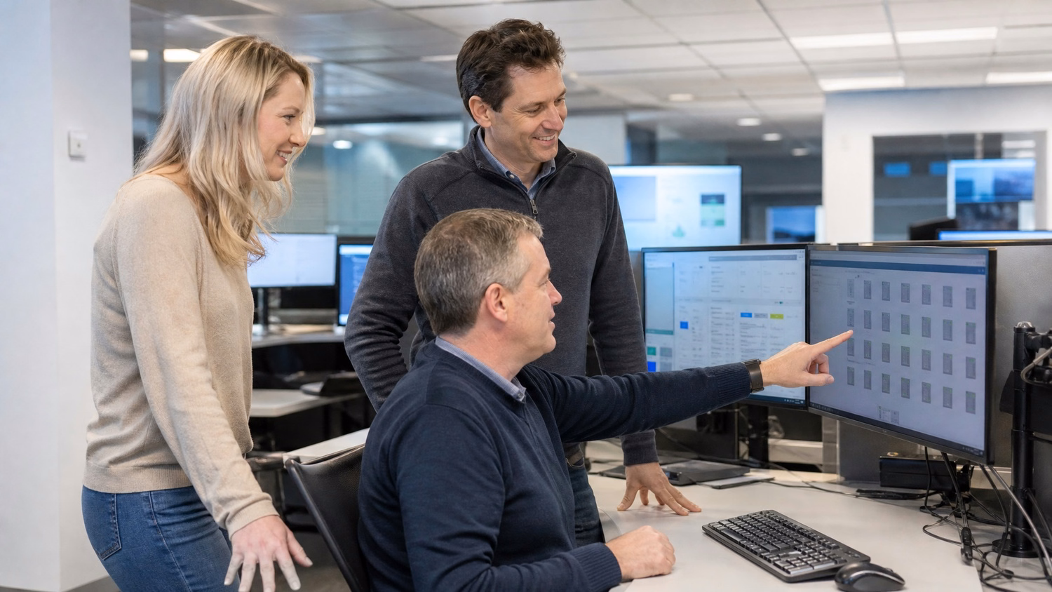 Employees review server grid on monitor at desk cluster 63