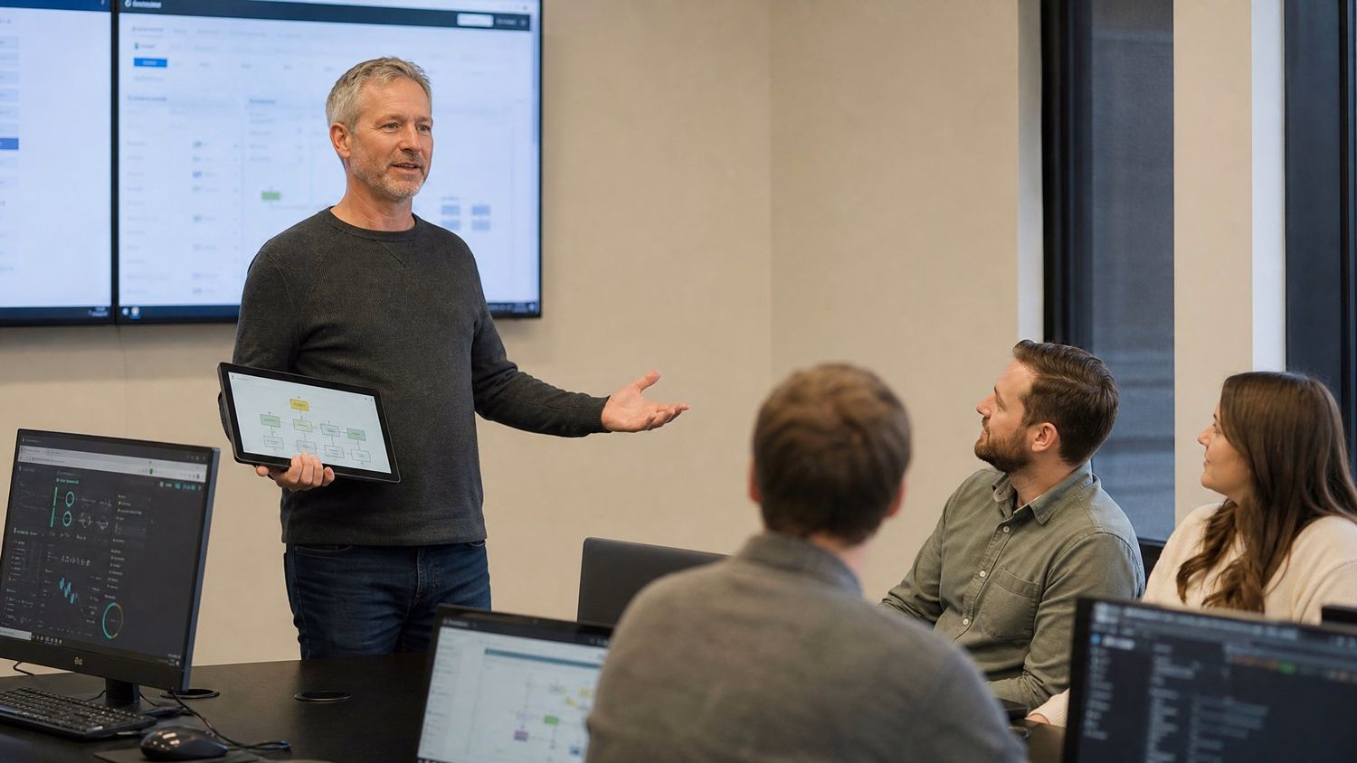 Presenter shows flowchart on tablet to colleagues