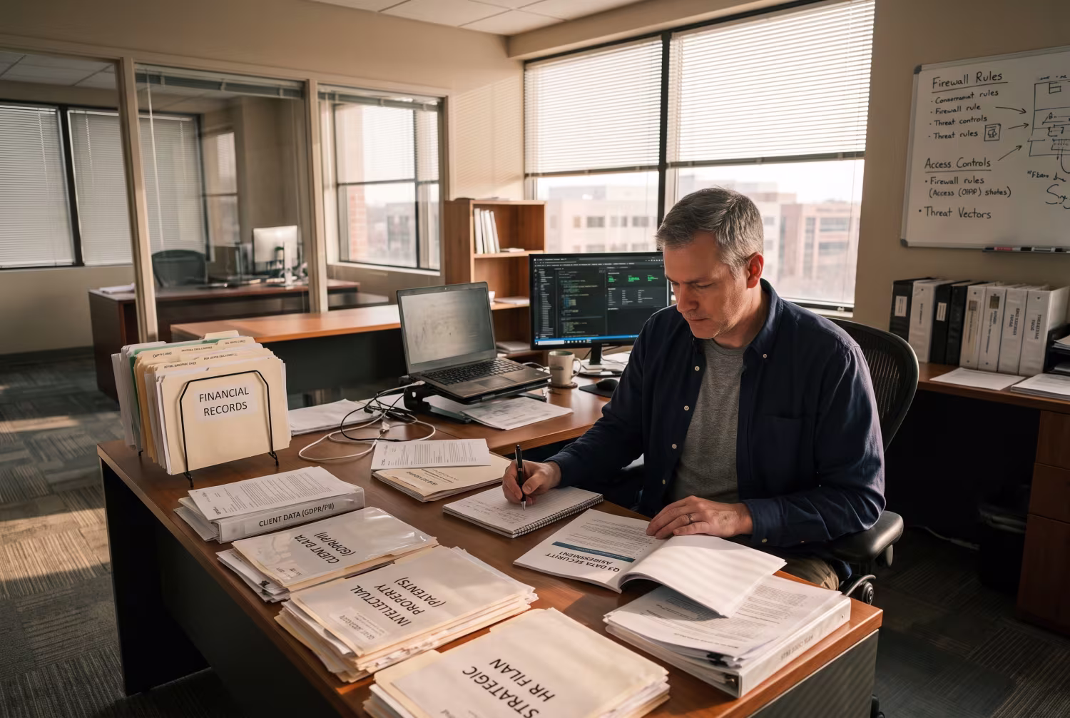 IT manager at desk surrounded by stacks of documents in sunlight