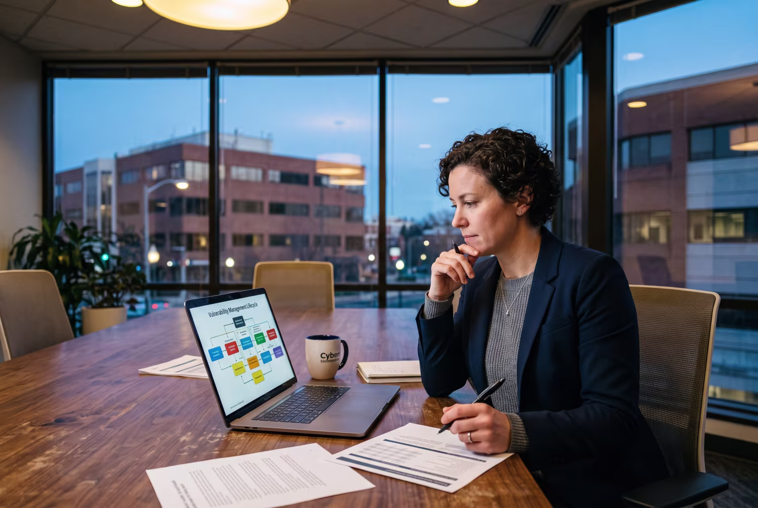 Cybersecurity consultant reviewing vulnerability management system diagram