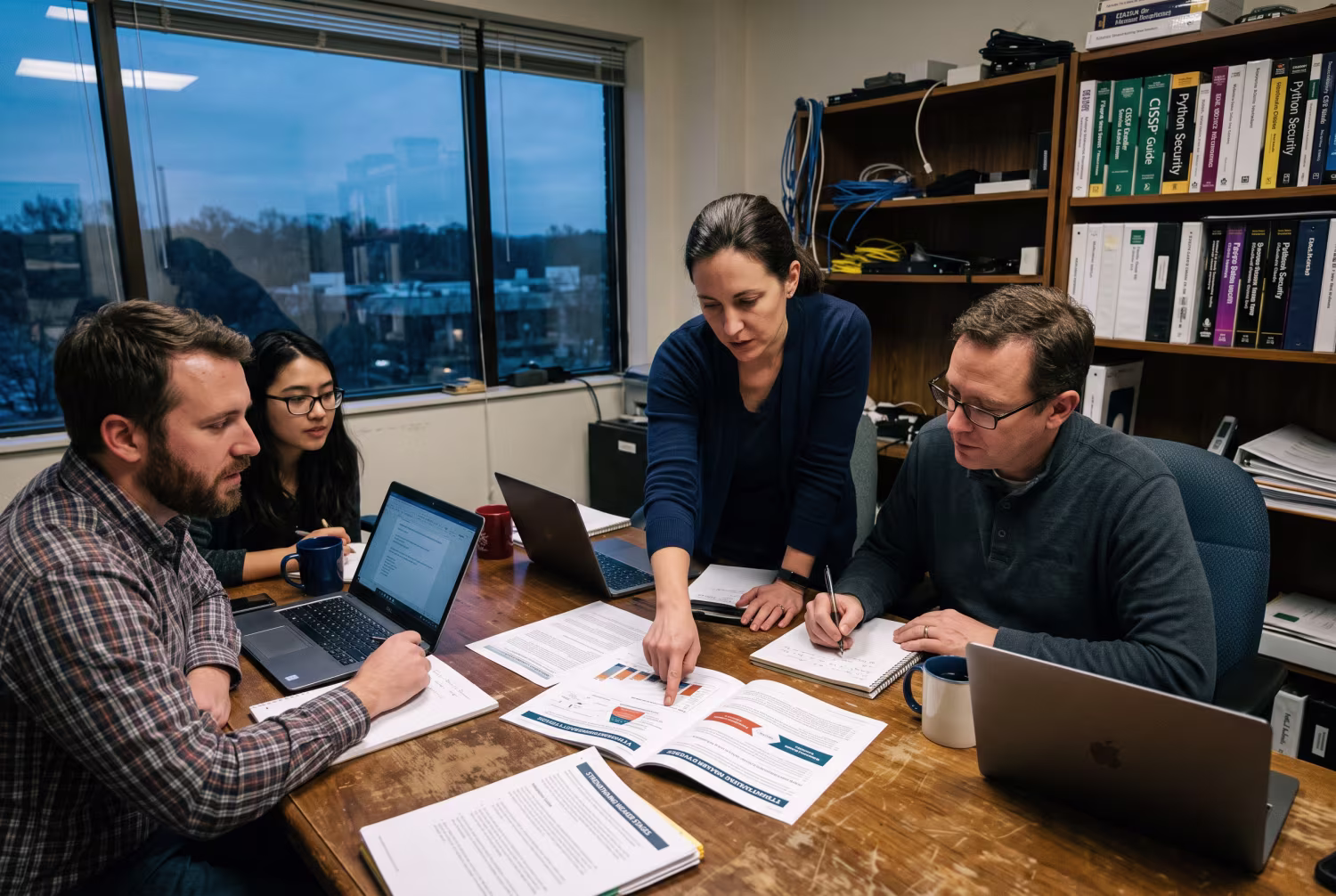 IT professionals discussing vulnerability management system in Rockville office