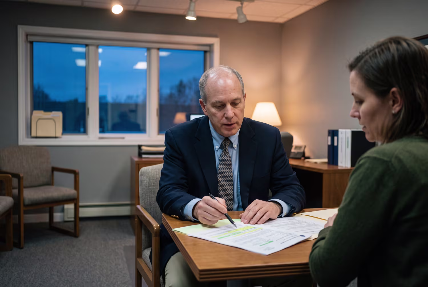 Insurance advisor examining a cyber insurance document at desk