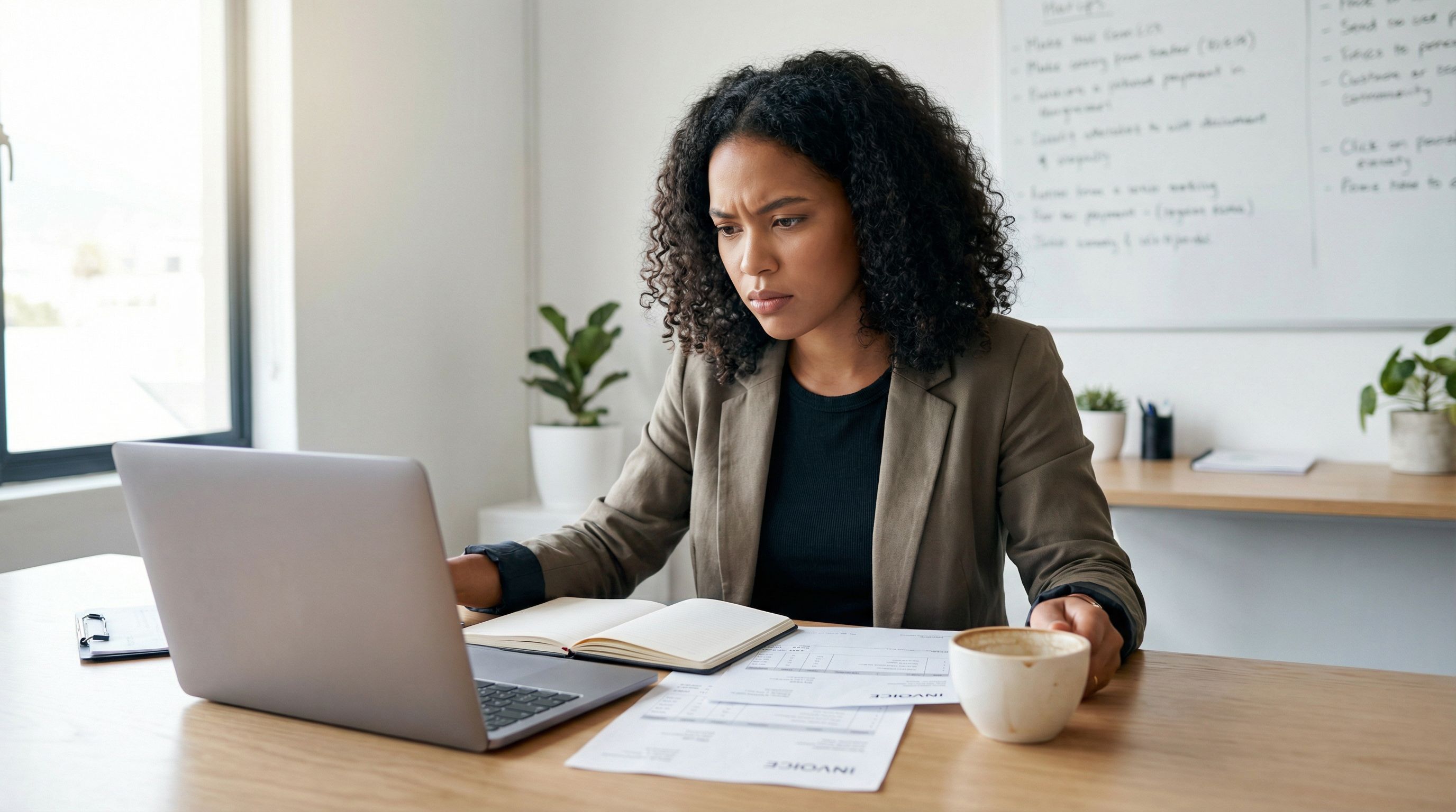 Fokussierter Unternehmer am Schreibtisch mit Laptop, Notizbuch, Rechnungen und Kaffeebecher im hellen Büro