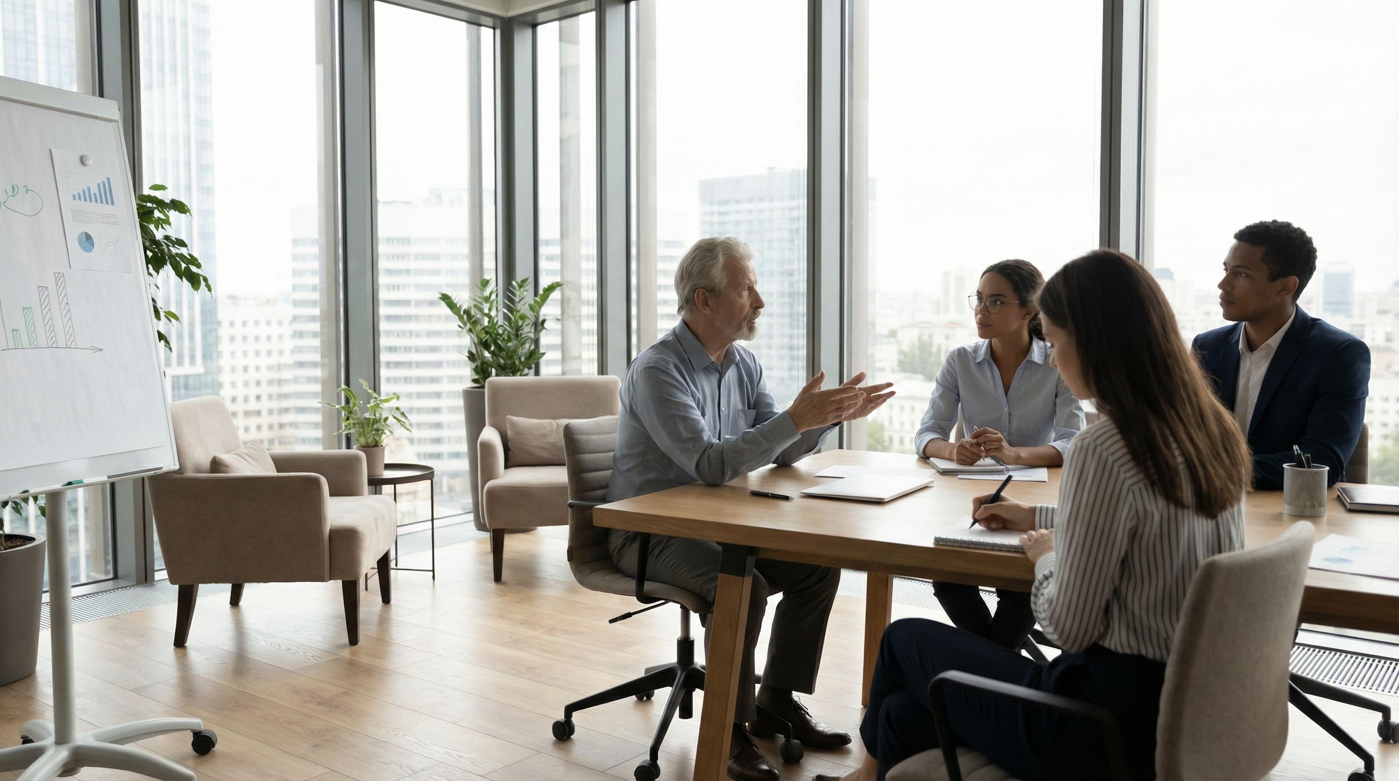 Diverse Geschäftsleute in moderner Besprechung, ein Manager spricht, eine Person macht Notizen, helles Büro.