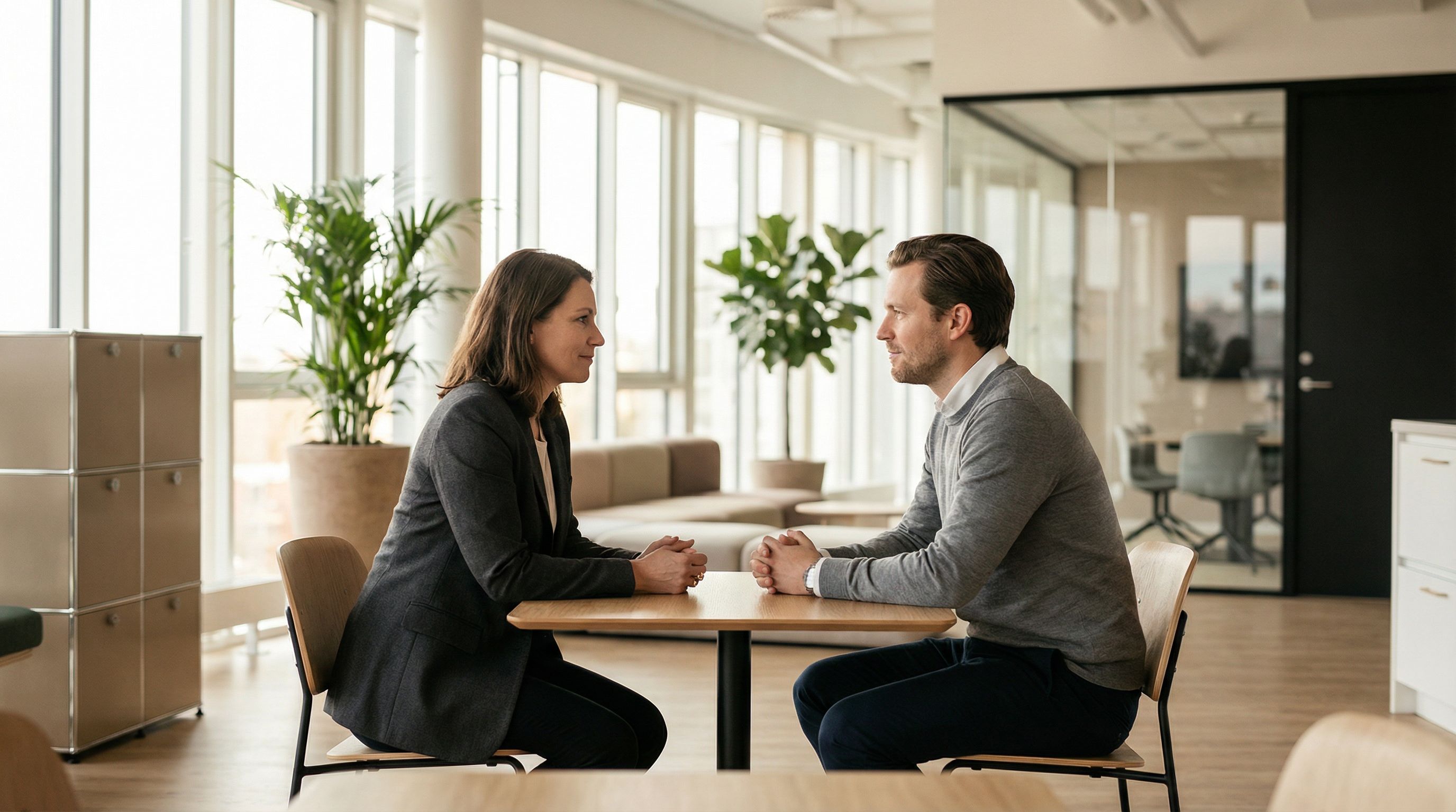 Manager und Mitarbeiterin sprechen ruhig an einem Tisch im modernen Büro bei Tageslicht