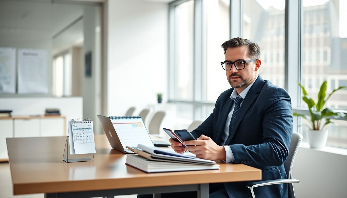 Fokussierte Managerin am Schreibtisch mit Kalender, Notizbuch, Laptop und Smartphone in hellem Büro