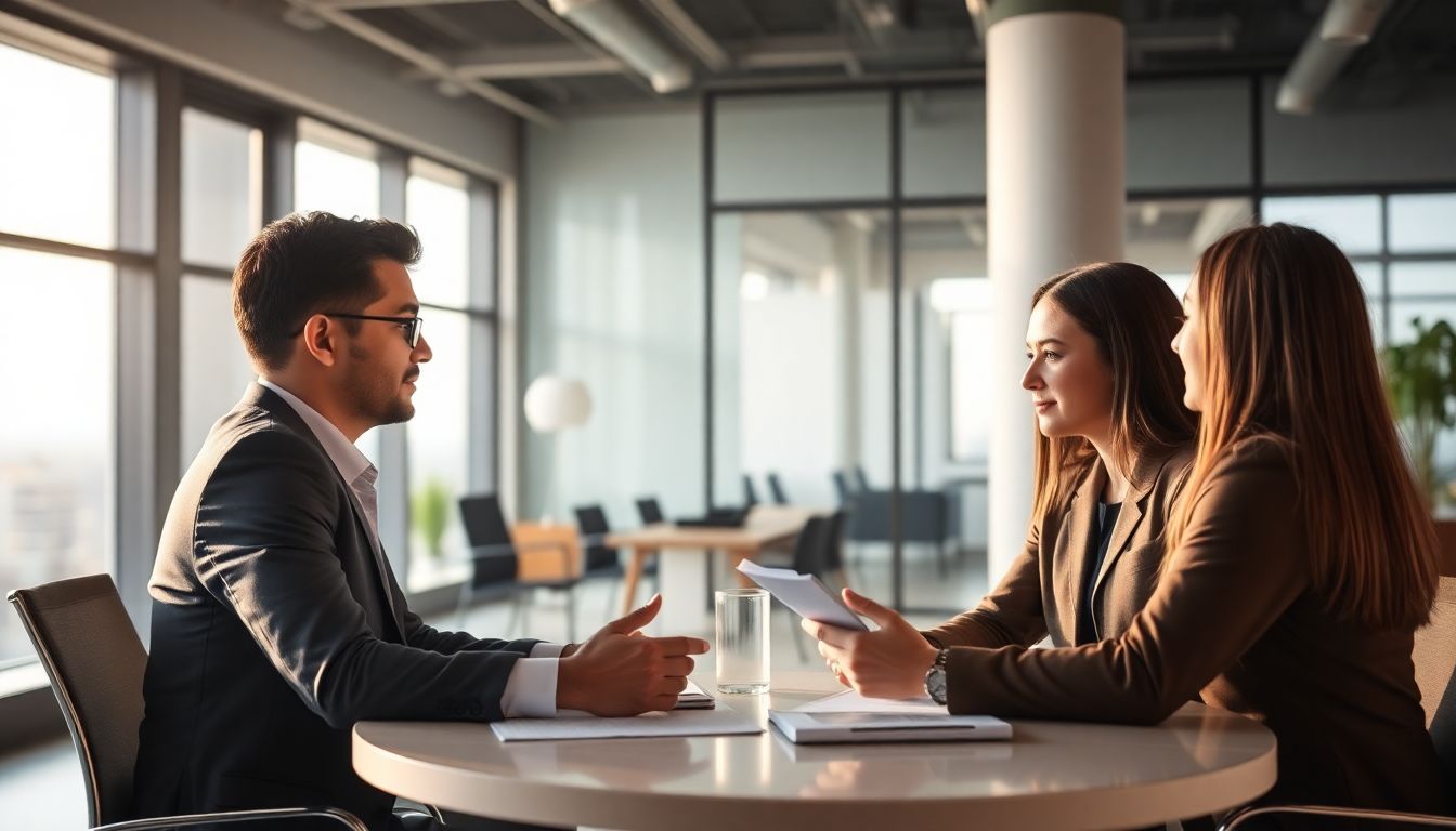 Zwei Geschäftsleute besprechen die Mitarbeiterleistung an einem runden Tisch in einem modernen Büro; eine Person macht Notizen.