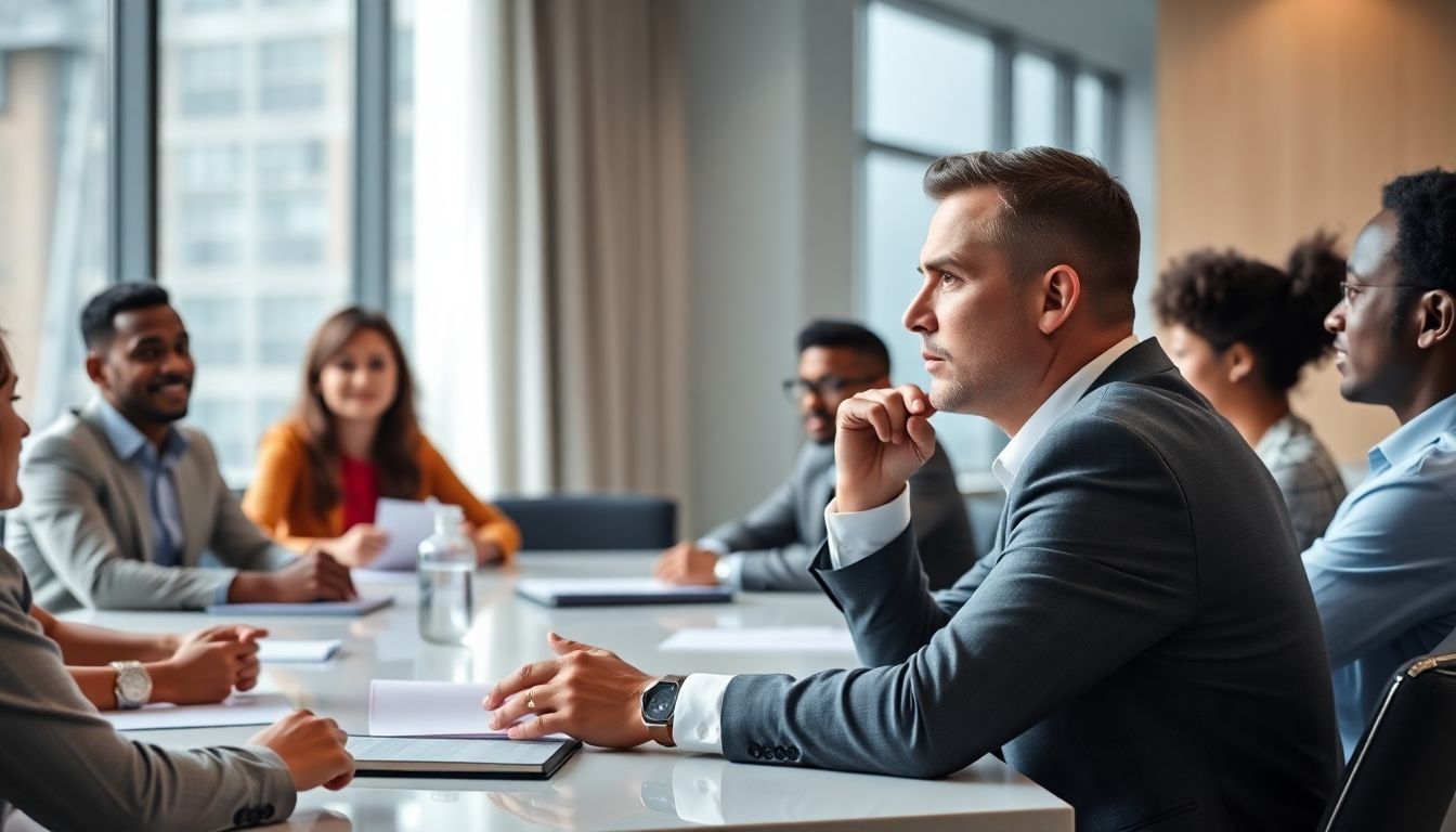 Coach im Besprechungsraum stellt eine Frage, während ein diverses Team aufmerksam zuhört und Notizen macht