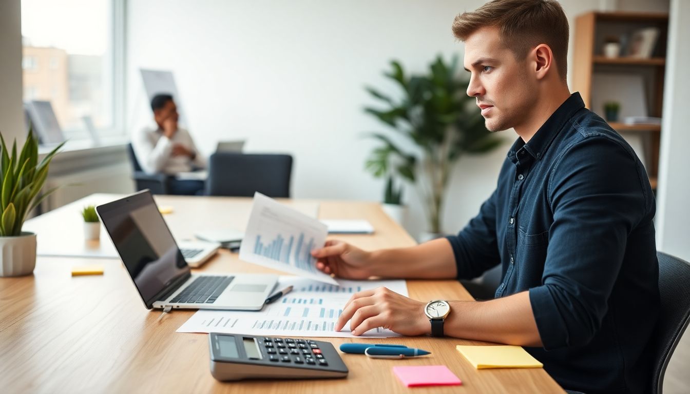 Startup-Gründer am modernen Schreibtisch mit Preislisten, Taschenrechner, Laptop und Haftnotizen im hellen Büro