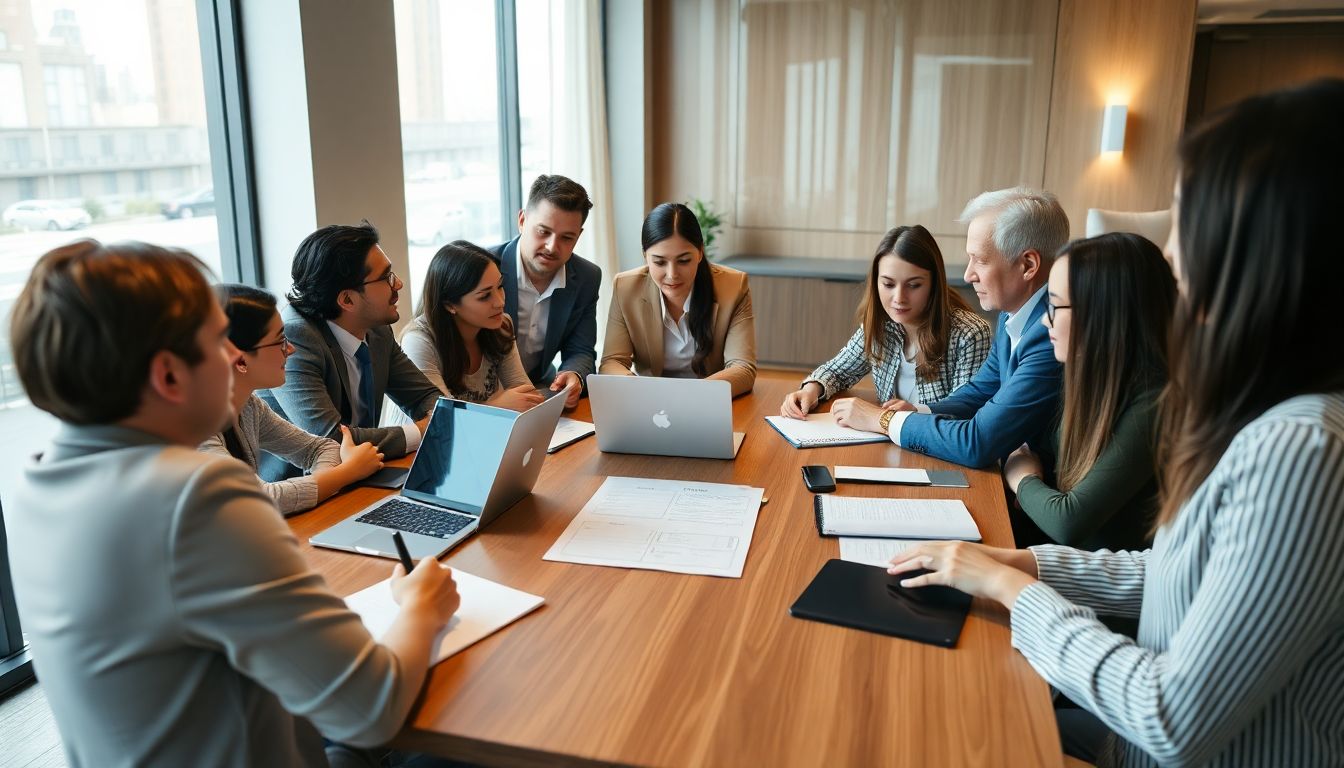 Diverse Teamrunde im Konferenzraum bespricht Agenda am Laptop und Tablet, eine Person moderiert, Tageslicht, modern und sachlich