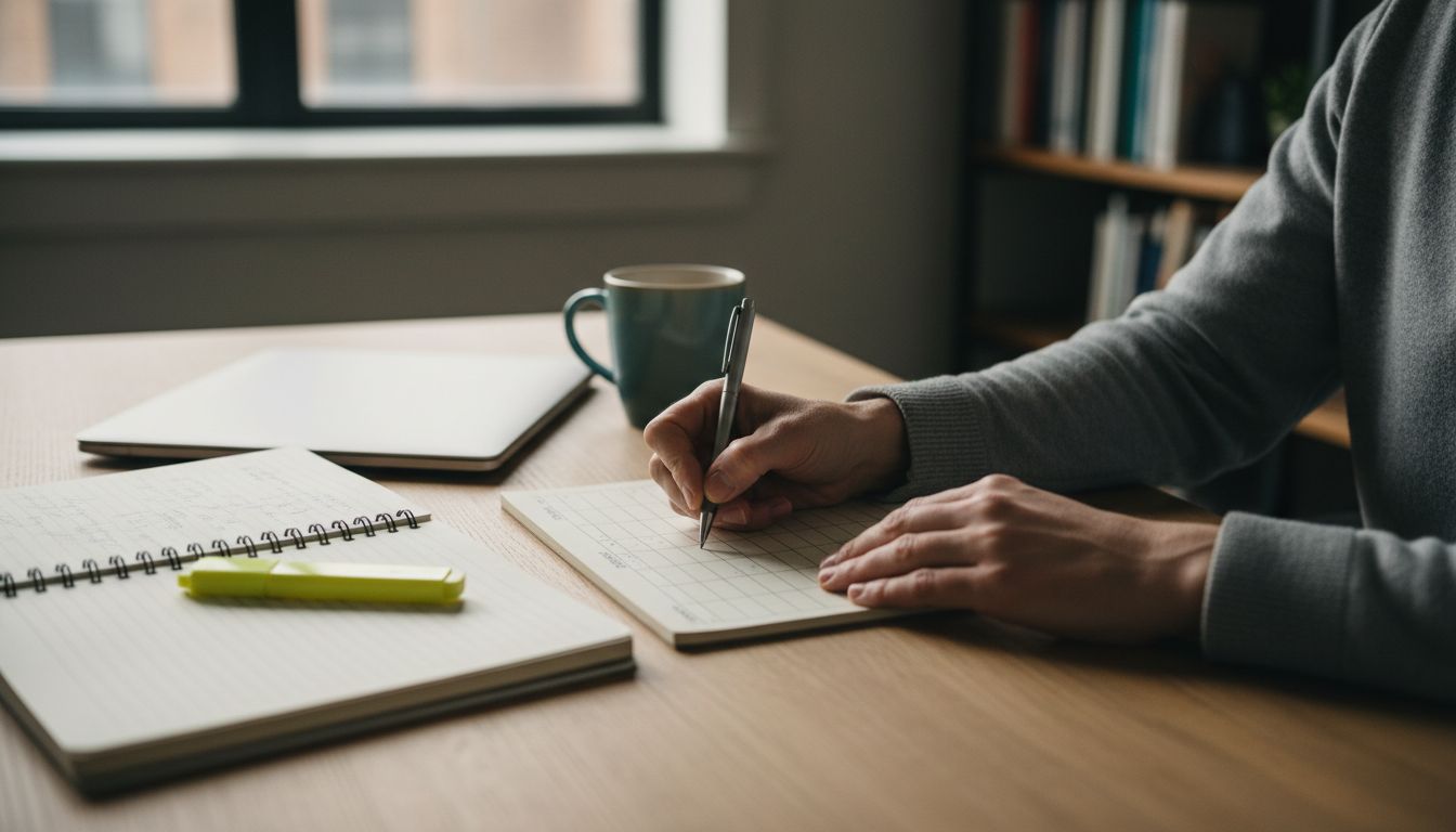 Teamleiterin erstellt am Schreibtisch aus Seminarnotizen einen Wochenplan; Laptop, Tasse und Notizbuch liegen daneben.