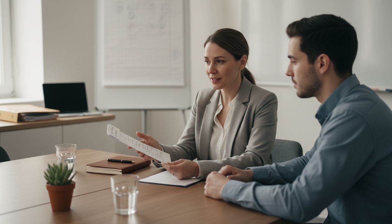 Führungskraft und Mitarbeiter besprechen eine Leistung fair bewerten am Tisch mit Bewertungsbogen, Notizen und Wassergläsern
