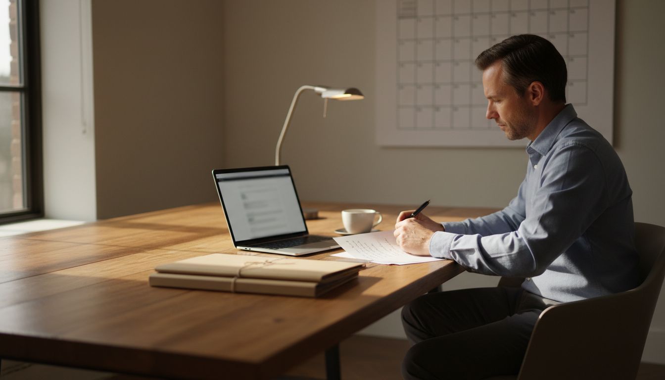 Geschäftsführer prüft handschriftliche Prioritätenliste am Schreibtisch mit Laptop, Kalender, Kaffeetasse und Projektmappen, strategisch denkend