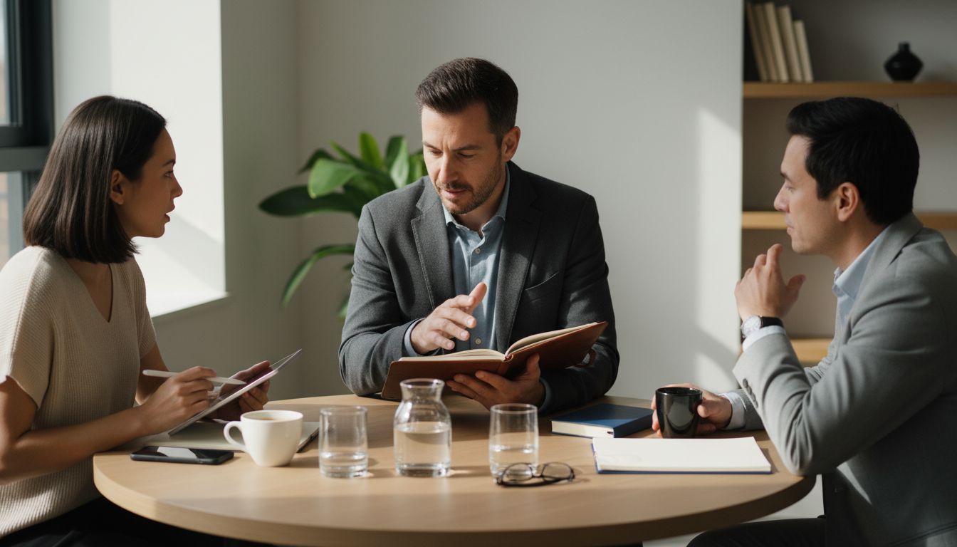 Beraterin spricht mit zwei Fachleuten am runden Tisch; Notizbuch, Kaffeebecher, Smartphone und Wasserkaraffe sichtbar.
