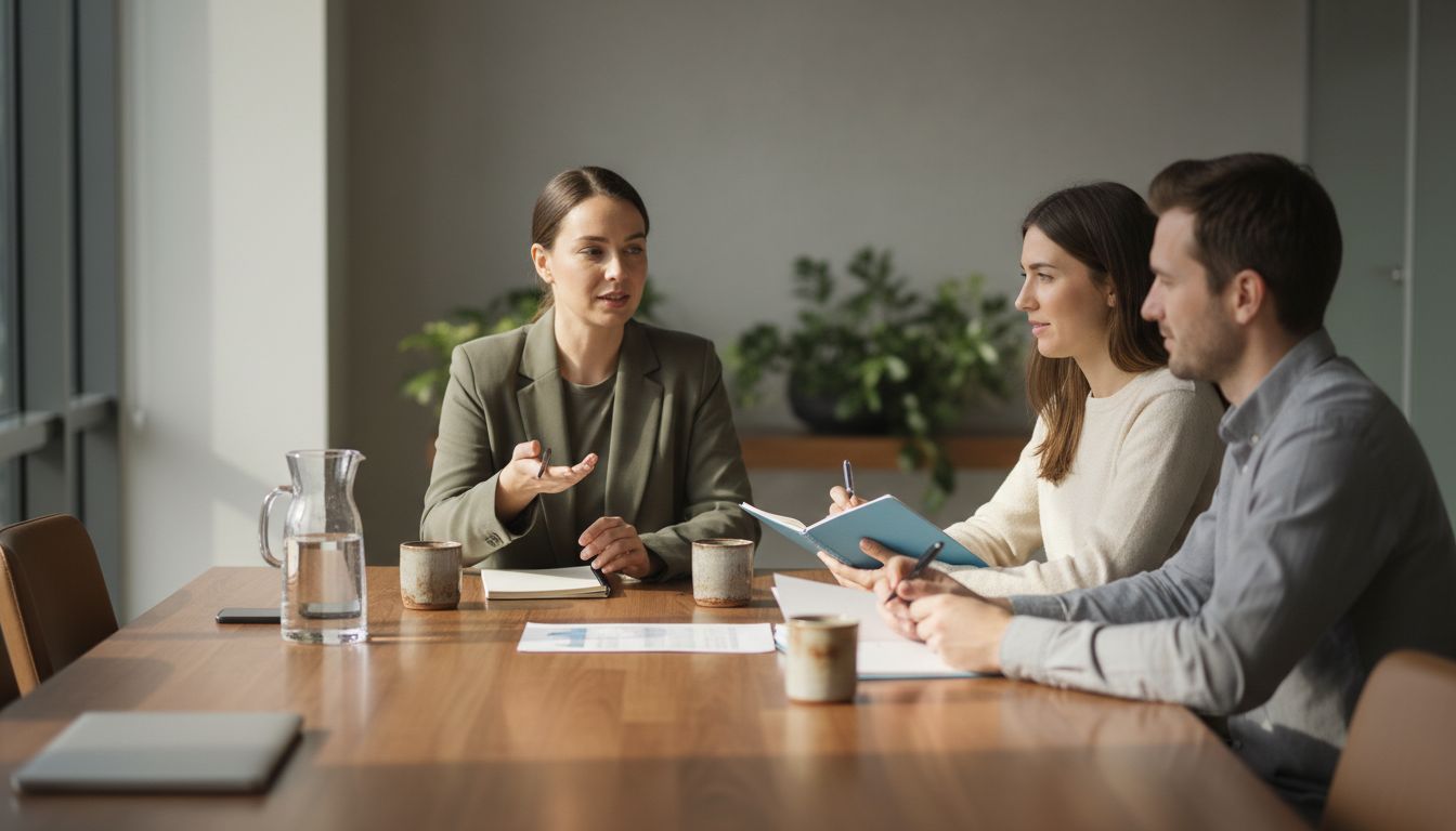 Teamleiterin vermittelt zwischen zwei ruhig sprechenden Mitarbeitern am Konferenztisch mit Notizbüchern und Unterlagen, Wasserkanne und Tassen; Mitarbeiterkonflikte lösen