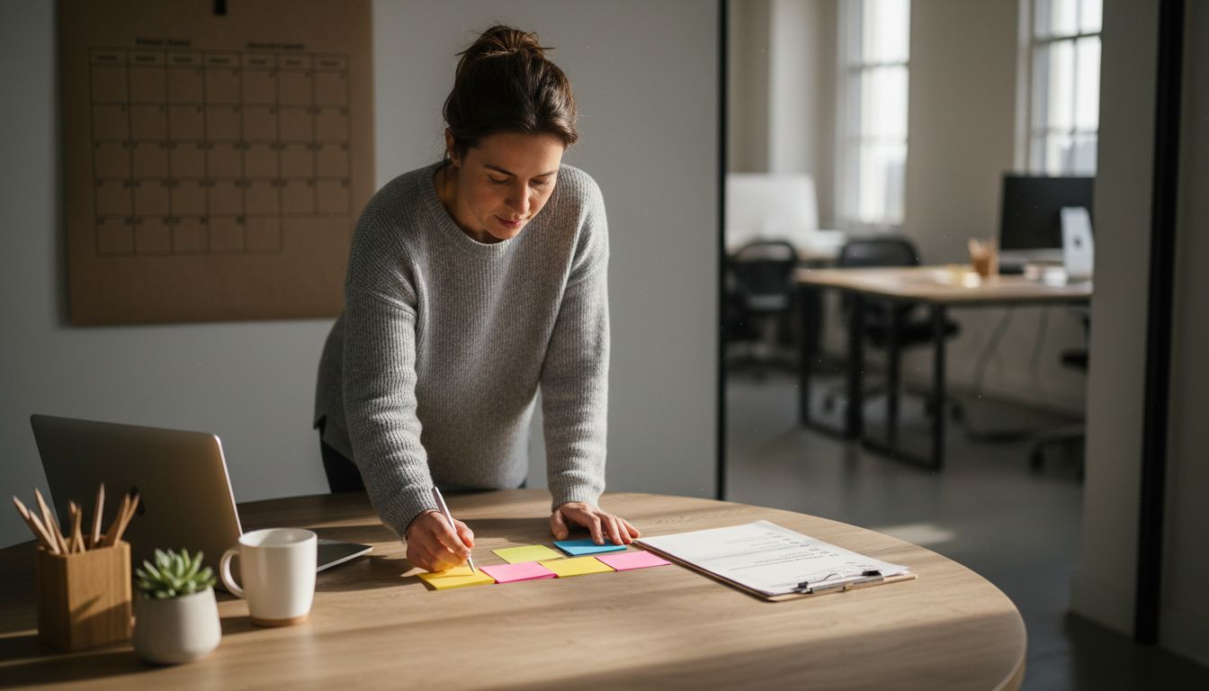 Teamleiterin plant Workflow mit Haftnotizen und Checkliste am Holztisch; Laptop, Becher und Kalender im Büro, Prozessoptimierung