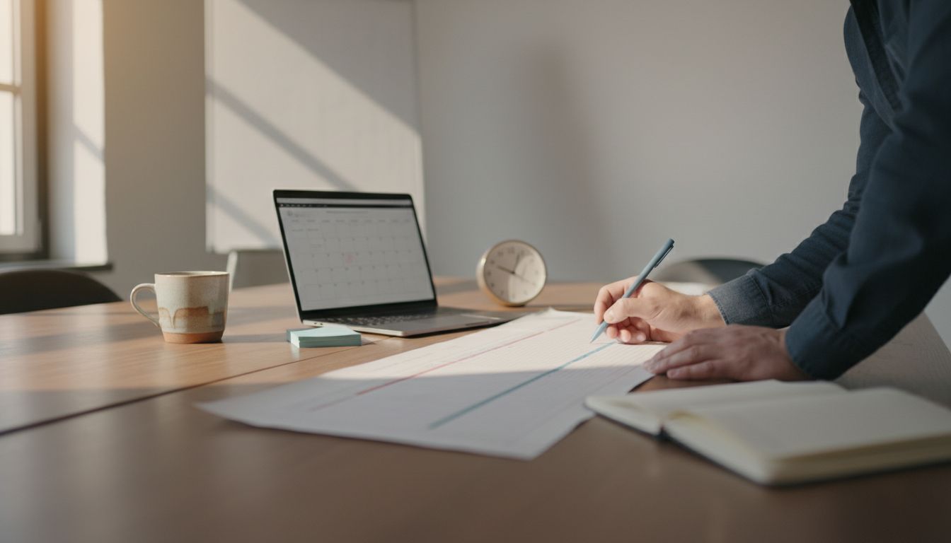 Projektmanager markiert Meilensteine auf Papier-Timeline am Laptop in ruhigem Besprechungsraum, mit Notizen und Kaffeetasse