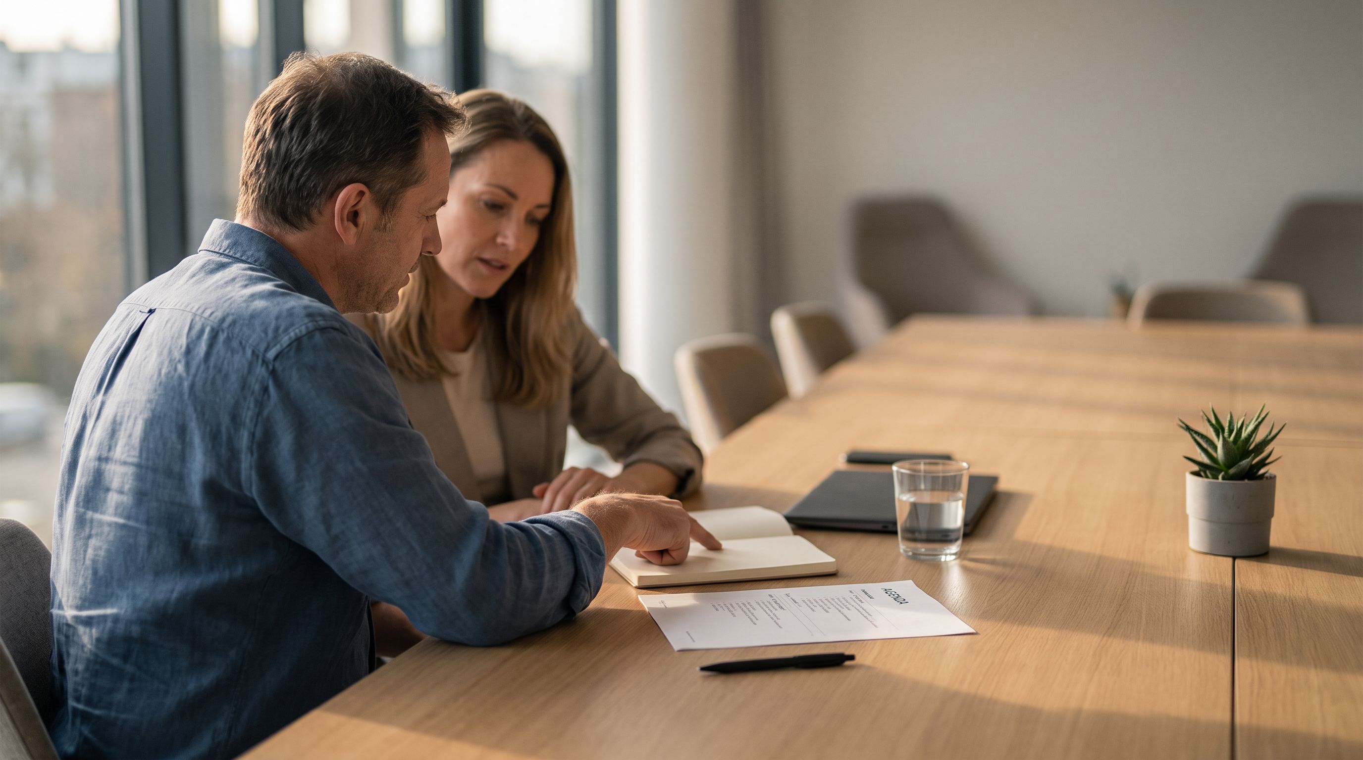 Manager im Gespräch mit Coach im Besprechungsraum, zeigt auf Notizbuch und Agenda; Coaching im Unternehmen, Wasser, Laptop und Pflanze sichtbar