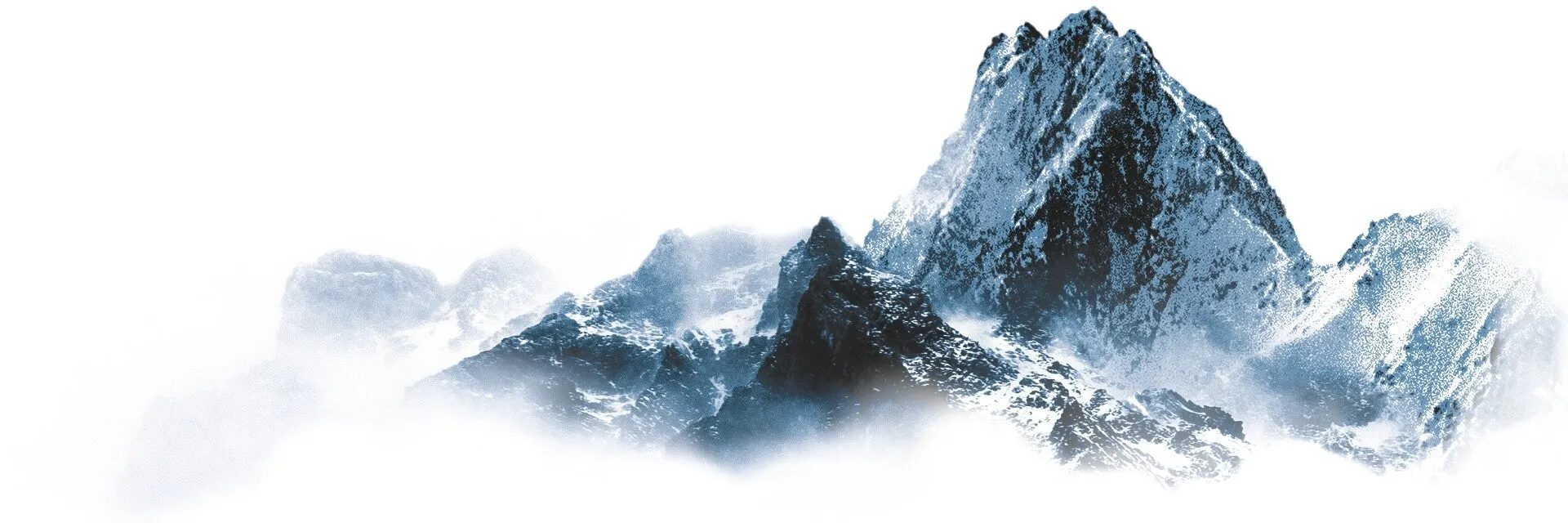 Schneebedeckte, felsige Berggipfel mit Nebel auf weissem Hintergrund.