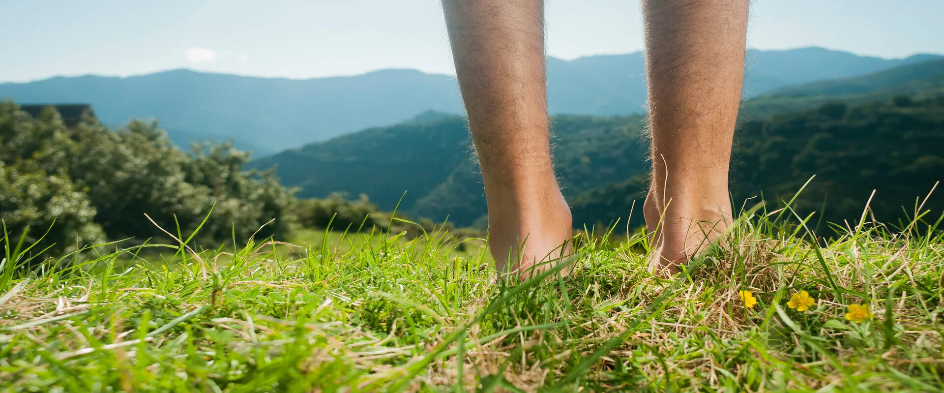 Barfüsse auf grünem Gras mit gelben Blumen vor bewaldeten Bergen unter klarem Himmel.