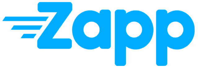Blue text logo reading 'Zapp' with three horizontal speed lines before the letter Z.