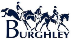 Illustration of three horse riders jumping over a letter with the word Burghley below.