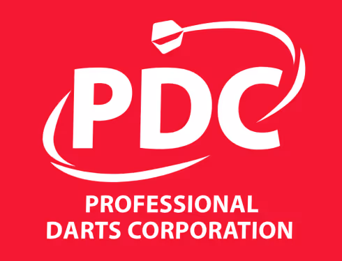 Professional Darts Corporation logo with stylized letters PDC and a dart graphic on a red background.